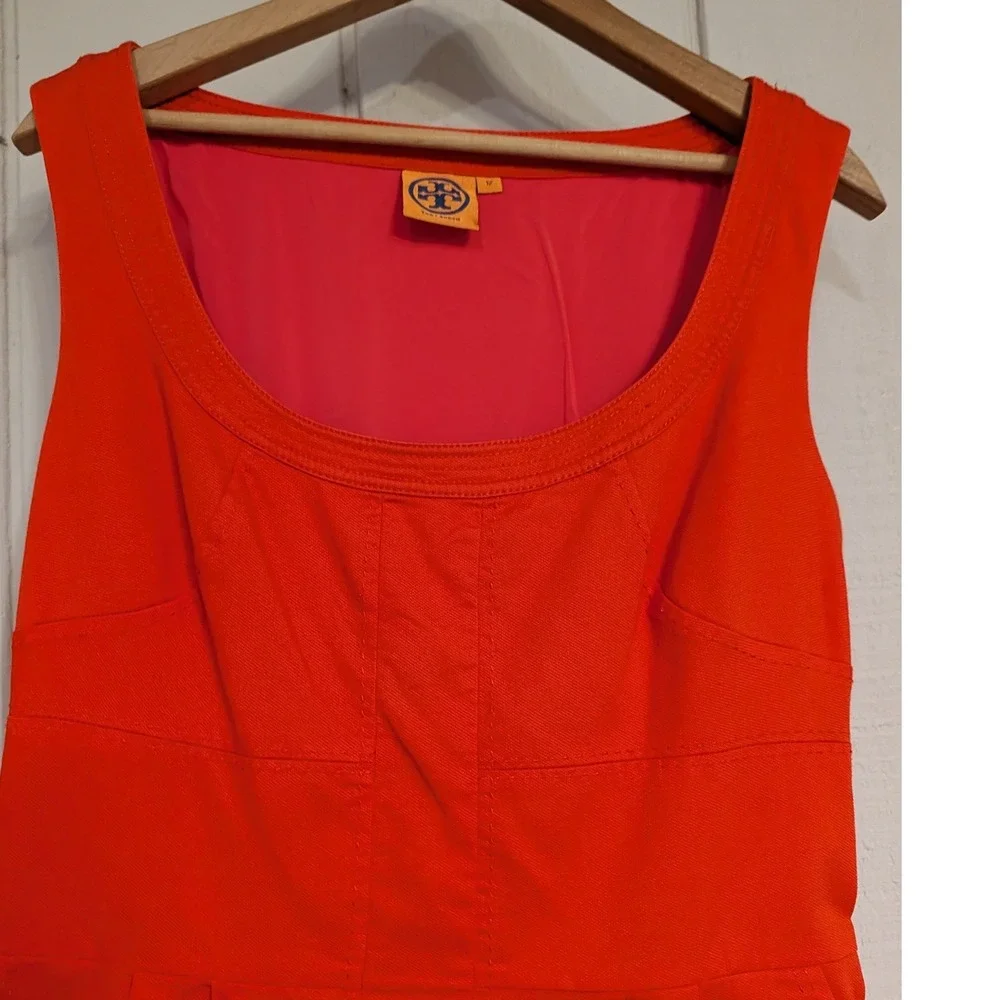Tory Burch Orange‎ Red Cotton Belted Sheath Dress Square Neck Pockets